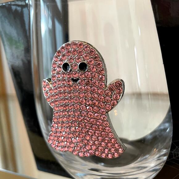 2pc Halloween GHOST Pink Crystal Rhinestone Stemless Wine Glass Set New - Picture 3 of 10